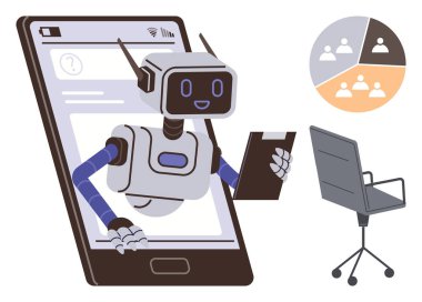 Akıllı telefon ekranından, pasta tablosundan ve ofis sandalyesinden çıkan robot asistan elinde bir pano var. Teknoloji, yapay zeka, takım çalışması, işyeri, üretkenlik otomasyonu uzaktan işbirliği için ideal. Basit.