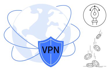 Çevrimiçi gizlilik, web güvenliği, küresel bağlantı, grafik tasarımı, finansal işlemler, teknoloji yeniliği. Kalem aleti ve sikkelerle Dünya 'da VPN etiketli bir kalkan. Çevrimiçi gizlilik ve web güvenliği