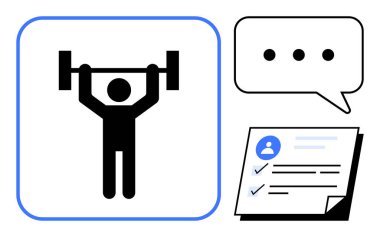 Halter kaldıran kişi, iletişim için konuşma balonu ve ilerleme değerlendirmesi için kontrol listesi formu. Fitness, sağlık izleme, hedef belirleme, koçluk, kişisel büyüme ve eğitim planları için ideal