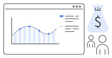 Kontrol paneli veri grafiği trendlerini, bar çizelgesi analizini, para çantası ikonunu ve takım figürlerini gösteriyor. İş stratejisi, finans, analitik, takım çalışması, gelir artışı ve planlama kavramları için ideal