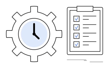 İşaret işaretli bir listenin yanında vites şekilli saat verimliliği, hedef takibini ve organizasyonu vurgular. Planlama, zamanlama, zaman yönetimi, verimlilik, ilerleme izleme ve iş akışı için ideal