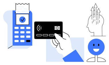 Temassız ödeme konsepti. Ödeme terminali ve sembolik büyüme unsurlarıyla temassız kart kullanımı. Yenilik, finans, tüketici kolaylığı ve güvenliği için temassız işlemler