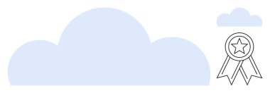 Bulut hizmetleri, veri depolama, siber güvenlik, güvenilirlik, kalite güvencesi, dijital yenilik. Yakındaki kurdele şeklinde ödül rozeti olan büyük bir bulut. Bulut hizmetleri ve veri depolama kavramı