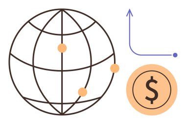 Bağlantı noktaları olan dünya, yukarı doğru ok grafiği ve finans, ticaret ve küresel büyümeyi temsil eden dolar sikkesi. Ekonomi, finans, küreselleşme, ticari yatırım büyüme bağlantıları için idealdir. A