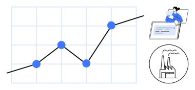 İş performans analizi. İş eğilimleri bir büyüme grafiği, dijital tablet analizi ve fabrika ikonu endüstriyel gelişimi ile gösteriliyor. Pazar analizi, imalat, strateji ve finans için