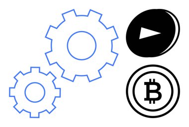 Engelleme teknolojisi, kripto para birimi, fintech, dijital ekonomi, otomasyon, süreç yeniliği. Bitcoin 'in yanında vitesler ve simgeler. Engelleme zinciri ve kripto para birimi çizildi