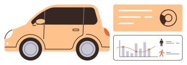 Performans ölçümlerini, insan figürlerini ve ilerleme verilerini gösteren grafiklerin yanında küçük bir araba. Ulaşım, veri analizi, otomotiv teknolojisi, hareket kabiliyeti kavrayışı için ideal