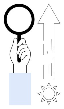 Araştırma, yenilik, büyüme, keşif, analiz, ilerleme. Büyüteç tutan bir el, yukarı çıkan bir ok ve bir güneş ikonu. Araştırma ve yenilik keşif ve ilerleme