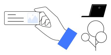 Identity verification, digital security, online access, personal authentication, modern technology, user identification. A hand holding an ID-sized card alongside a laptop and tree symbol. Identity