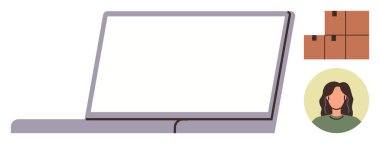 Boş ekran, kullanıcı avatar çember simgesi ve e-ticaret operasyonlarını gösteren karton kutular içeren dizüstü bilgisayarı aç. Çevrimiçi alışveriş, teknoloji, lojistik, dağıtım, pazarlama ve dijital için ideal