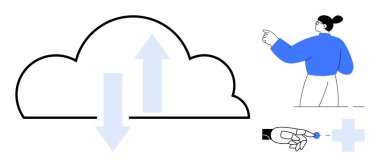 Bulut depolama, sağlık, veri transferi, dijital hizmetler, teletıp, yenilik. Yukarı ve aşağı okları olan bulut, tıbbi haç simgesini gösteren kişi. Bulut deposu ve sağlık hizmetleri
