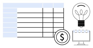 İş planlaması, finansal yönetim, fikir üretimi, veri örgütü, bütçe ve karar verme. Sıralı bir masa, bir dolar sembolü ve bir ampul. Finansal planlama ve fikir