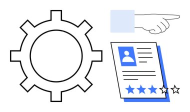 Dişliler süreci temsil ediyor, harekete geçmek için işaret ediyor, değerlendirme için yıldızlı belgeler hazırlıyor. İK, yönetim, karar verme, iş akışı, verimlilik değerlendirme planlama için ideal. Basit düz metafor