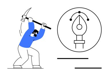 Kazmalı bir adam kalem aleti simgesine doğru sallanıyor, yaratıcılıkla ustalığı birleştiriyor. Tasarım, yaratıcılık, teknoloji, emek, üretkenlik, problem çözme dijital araçları için ideal. En düşük düz