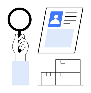 Belge doğrulaması. Bir büyüteç, istiflenmiş kutular, belge doğrulama, veri analizi ve depo yönetimiyle birlikte bir profil belgesini inceler. Lojistik, kimlik doğrulama için