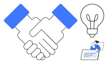 İş birliği. Tokalaşma ortaklığı, yenilikler için ampul ve üretkenliği yansıtan dijital iş akışı. Takım çalışması, strateji, teknoloji ve ortaklıklar için iş birliği