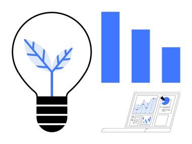 Sürdürülebilirlik, büyüme, veri analizi, iş eğilimleri, yenilik, yenilenebilir enerji. Yapraklı ampul, çubuk grafik ve analizli laptop ekranı. Sürdürülebilirlik ve büyüme kavramı