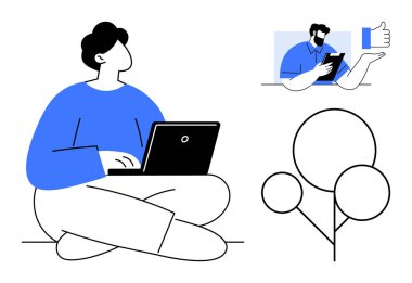 Uzaktan çalışma, iletişim araçları, çevrimiçi öğrenme, dijital işbirliği, serbest çalışma, teknoloji. Laptop kullanan kişi, ekran ağacı grafiği. Uzak çalışma ve iletişim araçları kavramı