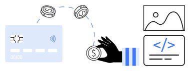 Finansal teknoloji, dijital işlemler, ödeme sistemleri, kodlama, e-ticaret, online ödemeler. Kredi kartı, bozuk paralarla el kodlama sembolleri ve grafiklerle. Fintech ve dijital aktarım kavramı