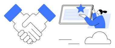 İş ortaklıkları, dijital işbirliği, takım amaçları, bulut depolama, inceleme sistemleri, çevrimiçi hizmetler. Tokalaşma, tablet bulut ikonu olan kişi. İş ortaklıkları ve dijital işbirliği