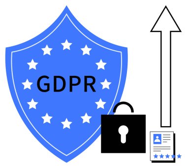 Yıldızlı GDPR kalkanı, asma kilit simgesi, yukarı doğru ok ve veri güvenliğini, gizlilik uyumunu ve büyümeyi vurgulayan kullanıcı verisi grafiği. Yasal, siber güvenlik, iş teknolojisi ve bilişim için ideal