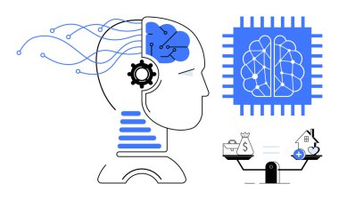 Yapay zeka konsepti. İnsan beyni olarak yapay zeka, dişliler, sinirsel bağlantılar ve denge terazileri. Karar verme mekanizmasında yapay zeka, veri analizi, otomasyon