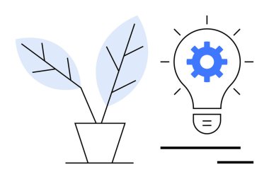 Sürdürülebilirlik, yenilik, çevre dostu çözümler, yenilenebilir fikirler, büyüme kavramları, yaratıcı düşünce. Minimalist bitki ve dişli ikonlu ampul. Sürdürülebilirlik ve yenilik kavramları