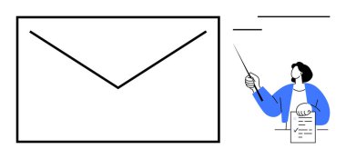 Büyük zarf sembolü ve takım elbiseli kişi, iletişim, profesyonel etkileşim, e-posta pazarlaması, geri bildirim sunumu ve eğitimi gösteren bir raporu işaret ediyor. İdeal