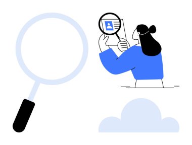 Veri analiz konsepti. Büyüteçle donatılmış veriler, bilgiyi inceleyen kadın ve bulut elementi. Bilgi doğruluğunu ve dijital süreçleri arttıran veri analizi. Teknoloji için ideal