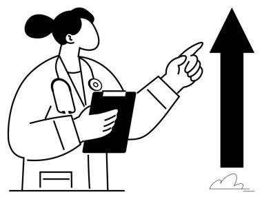 Sağlık hizmetlerinde ilerleme, ilerleme, başarı ölçümü, tıbbi büyüme, gelecek potansiyeli, stratejik planlama. Bir doktor bir pano tutuyor ve yukarı doğru giden bir oku işaret ediyor. Sağlık hizmetleri gelişimi
