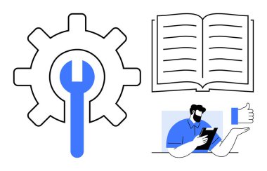 Eğitim, teknik destek, bilgi paylaşımı, talimatlar, sorun çözme, bilişim kavramları. Vites ve İngiliz anahtarı ikonu, elinde tabletle kitap adamı. Eğitim ve teknik destek