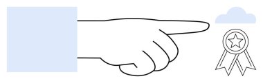 Başarı, rehberlik, takdir, ödül, karar verme, yön. Minimum tasarım, bulutun yanında bir yıldızın olduğu rozeti işaret eden bir el gösteriyor. Başarı ve rehberlik kavramı