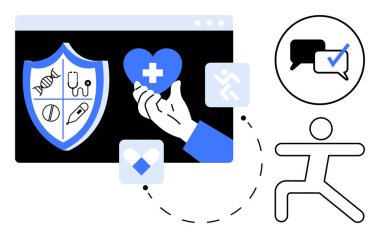 Tıbbi simgeleri olan bir kalkan, kalp tutan bir el, çalışan bir figür ve işaretli bir sohbet sembolü. Sağlık, sağlık, sigorta, fitness, tıbbi destek iletişimi sistematik bakım için ideal