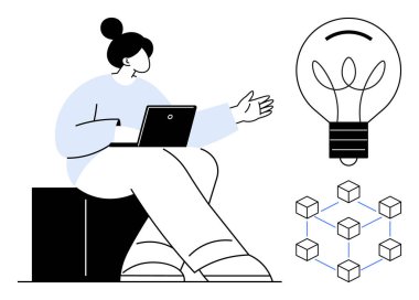 Engelleme zinciri, yenilik, teknoloji çözümleri, yaratıcılık, veri analizi, takım çalışması. Dizüstü bilgisayar tutan, ampullere ve ağ bloklarına doğru hareket eden bir kadın. Engelleme zinciri ve yenilik kavramları görsel olarak