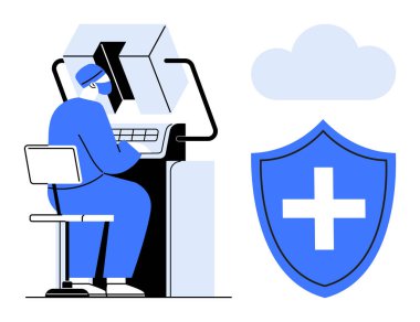 Sağlık hizmetleri veri güvenliği, bulut koruması, bilişim yönetimi, dijital gizlilik, siber güvenlik çözümleri, tıbbi teknoloji. Bilgisayar üzerinde çalışan kişi, çapraz bulut simgesi olan kalkan. Sağlık hizmetleri verileri