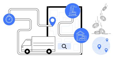 Lojistik, tedarik zinciri, teslimat yönetimi, yer belirleme, küresel ticaret, iş çözümleri. Harita, fabrika ve depo simgeleri, sikkeler ve konum işaretleyicileri üzerinde bir rotayı takip eden bir kamyon
