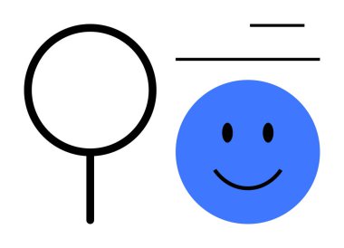 Arama konsepti. Büyüteç, mavi gülen yüz ve geometrik çizgiler arama, keşif ve kavramsal tarzda olumlu sonuçlar. Tasarım, teknoloji ve pazarlama iletişimi için kullanışlı