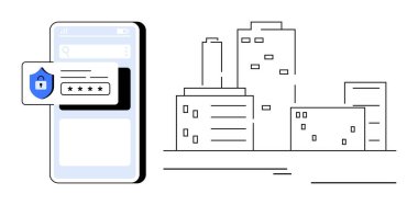 Mobil ekran, kalkan kilidi ve minimalist binaların yanında parola açılır. Siber güvenlik, gizlilik, kentsel teknoloji, veri koruması, akıllı şehirler, çevrimiçi güvenlik, güvenlik için ideal