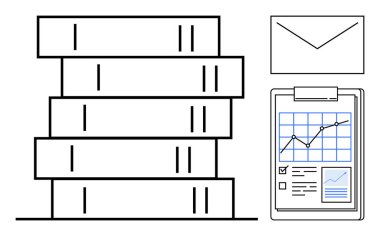 Ofis yönetimi, veri takibi, analitik, verimlilik araçları, belge işleme, iş organizasyonu. Bir yığın kitap, dosyalar ve zarflar. Ofis yönetimi ve veri takibi
