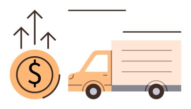 Yükselen oklarla birlikte bir dolarlık madeni paranın yanında taşımacılıktaki finansal başarıyı ve verimliliği gösteren bir kargo kamyonu. Lojistik, taşımacılık, ticaret, ekonomi, büyüme, ticaret, iş için ideal