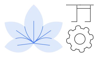 Yaratıcılık, tasarım elementleri, teknoloji, mühendislik kavramları, çiçek desenleri, yenilik. Tablo ve vites çizimleriyle Geometrik çiçek sembolü. Teknolojide yaratıcılık ve tasarım unsurları
