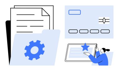 Dosya depolama, çevrimiçi ödemeler, kullanıcı arayüzü tasarımı, teknoloji, veri organizasyonu, dijital araçlar. Dosyaların ikonik çizimi, tabletli kredi kartı kullanıcısı. Dosya saklama ve çevrimiçi ödemeler