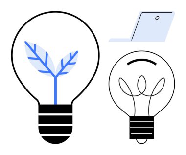Yenilenebilir enerji, ekolojik çözümler, yeşil yenilik, sürdürülebilirlik, yaratıcı düşünce, elektronik cihazlar. İçinde yaprak olan ampuller ve minimalist bir dizüstü bilgisayarın yanında soyut çizgiler. Yenilenebilir enerji