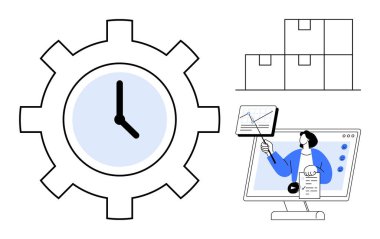 Zaman yönetimi konsepti. Verimlilik için saat, kutularla düzenli iş akışı ve monitörde iş sunumu. Verimlilik, iş, iş akışı ve planlama için zaman yönetimi