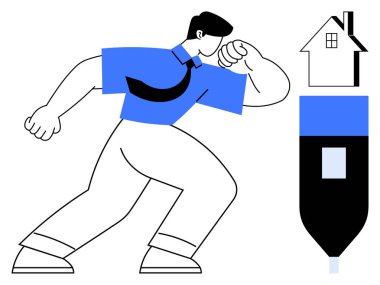 Gayrimenkul, yasal hizmetler, girişimcilik, sözleşmeler, finansal planlama, mülk yönetimi. İş kıyafeti giymiş bir adam ev ikonu ve kaleme doğru hareket ediyor. Gayrimenkul ve hukuk hizmetleri