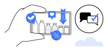 El ele tutuşan akıllı telefonlar çevre dostu ürünler, indirimler ve nişan ikonları. E-ticaret, pazarlama, promosyonlar, sosyal medya, sürdürülebilirlik, müşteri etkileşimi için ideal