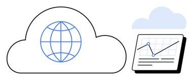 Bağlantı simgesini temsil eden küre simgesine sahip bulut, performans gösteren cihazda analiz grafiği. Teknoloji, ağ oluşturma, bulut depolama, veri görselleştirme, küresel iletişim, yazılım için ideal