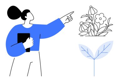 Eğitim, çevre bilinci, botanik, doğa takdir, rehberlik, büyüme. Elinde çiçekleri gösteren bir kitap tutan biri. Eğitim ve çevre bilinci kavramı