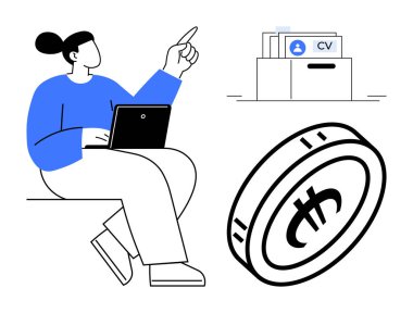 İş arama konsepti. Dizüstü bilgisayarı, özgeçmişi ve dijital para birimiyle iş arayan biri. İş arayışında kariyer, yenilik, finans ve teknoloji yer alıyor. İş için