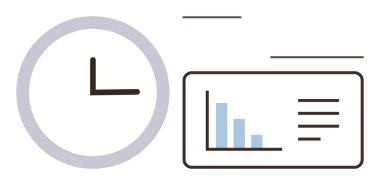 Çubuk grafik ve metin satırları olan bir veri tablosunun yanında saat. Üretkenlik, planlama, zamanlama, verimlilik, zaman izleme, iş stratejisi, basit düz metafor
